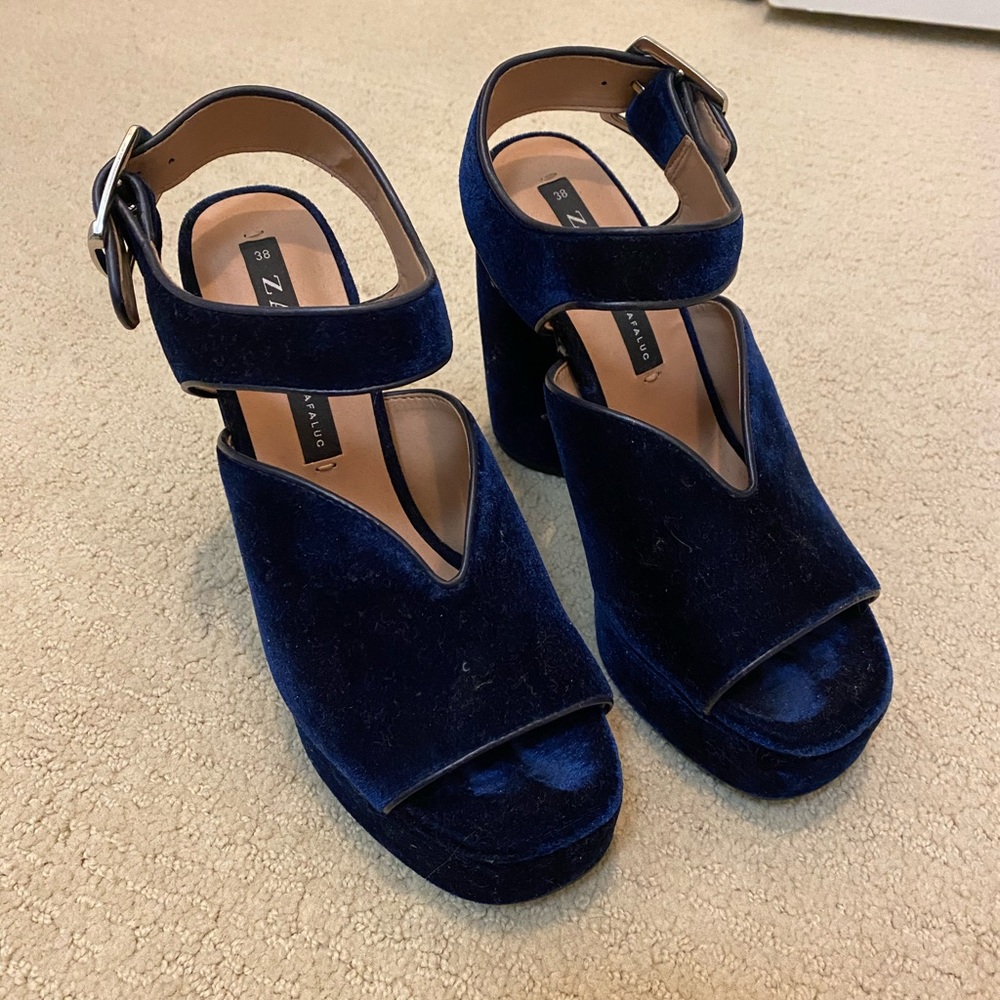 Zara Blue Velvet Platform Heels